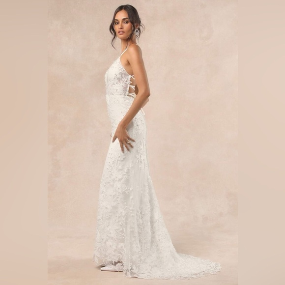 Sz 4 NWOT Lulus Enchanting Eternity Ivory Pearl Lace-Upâ Backless Maxi Dress - Picture 4 of 9